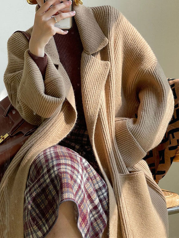 Pockets Solid Color Tied Waist Long Sleeves Loose Notched Collar Cardigan Coats