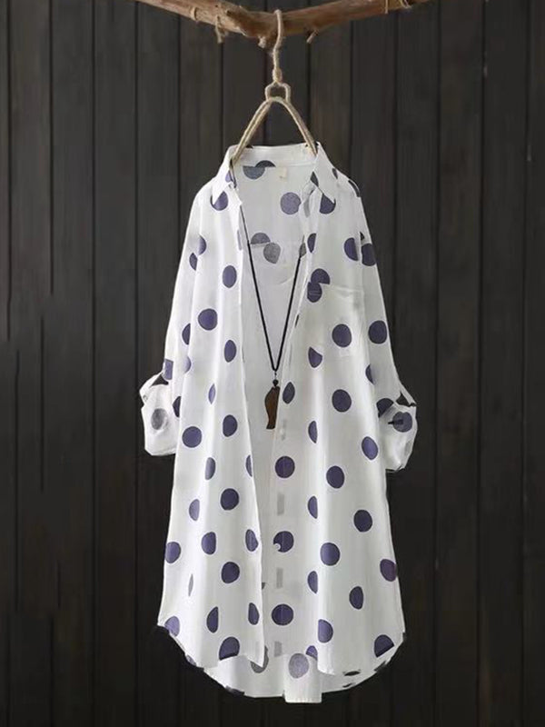 Polka-Dot High-Low Long Sleeves Lapel Shirts Tops