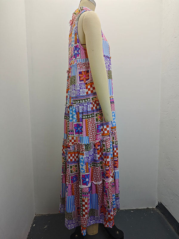 Contrast Color Flower Print Plaid Printed Loose Sleeveless Round-Neck Maxi Dresses