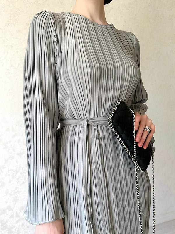 Pleated Solid Color Flared Sleeves Long Sleeves Round-Neck Maxi Dresses