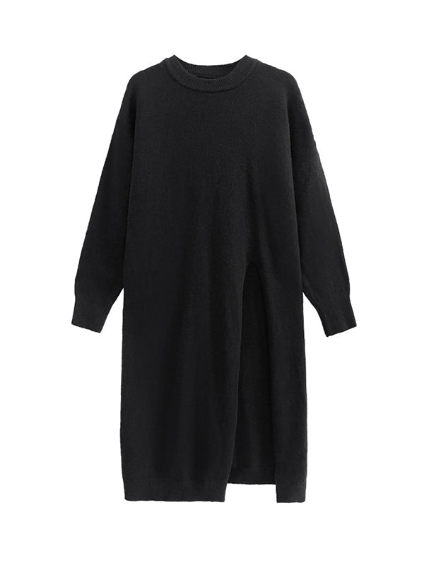 Solid Color Split-side Long Sleeves Loose Round-neck Sweater Tops
