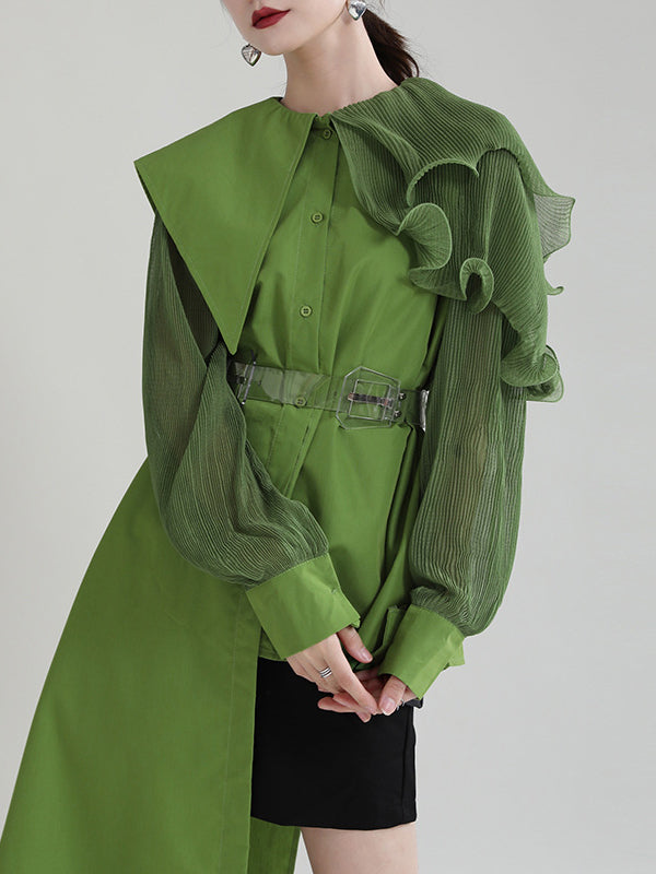 Asymmetric Pleated Solid Color Split-Joint Falbala Long Sleeves Loose Lapel Blouses&shirts Tops
