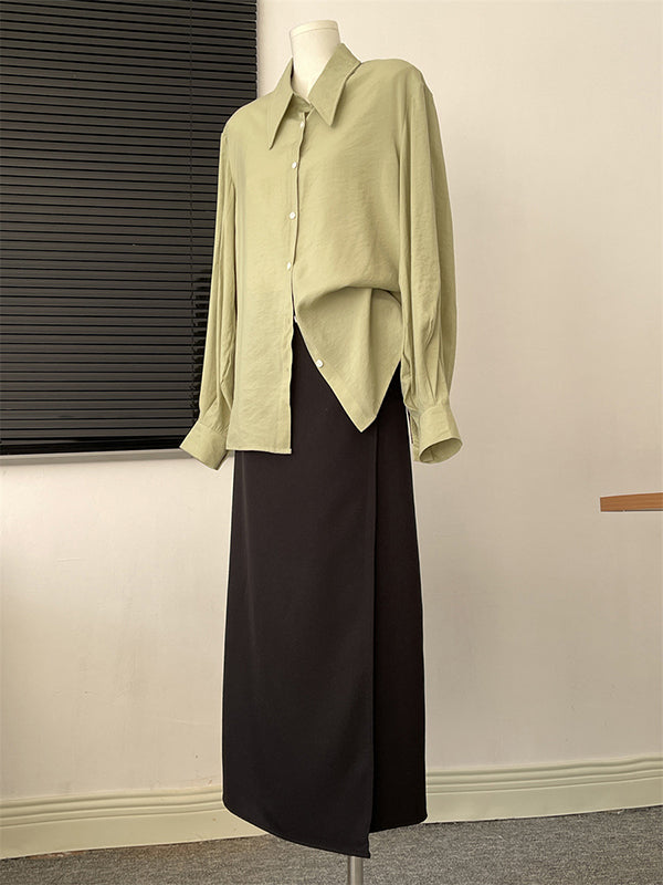 Pleated Split-Joint Sun protection Loose Puff Sleeves Lapel Blouses