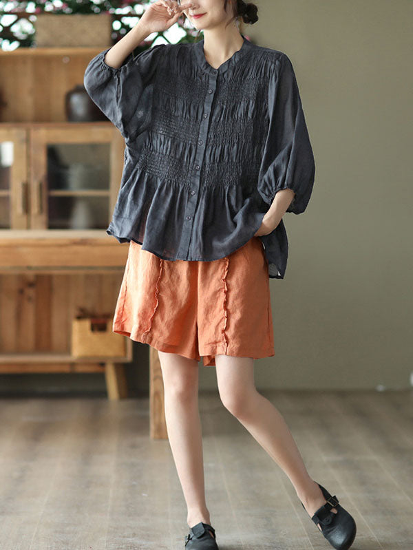 Pleated Solid Color Split-Joint Loose Three-Quarter Sleeves Stand Collar Blouses&Shirts Tops