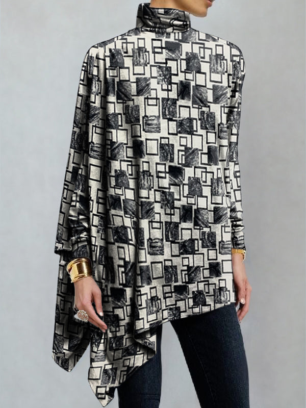Asymmetric Printed Long Sleeves Loose High Neck T-Shirts Tops