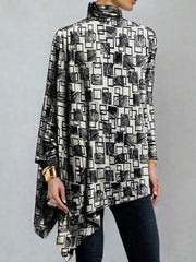 Asymmetric Printed Long Sleeves Loose High Neck T-Shirts Tops