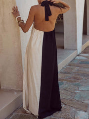 Contrast Color Loose Sleeveless Halter-Neck Maxi Dresses