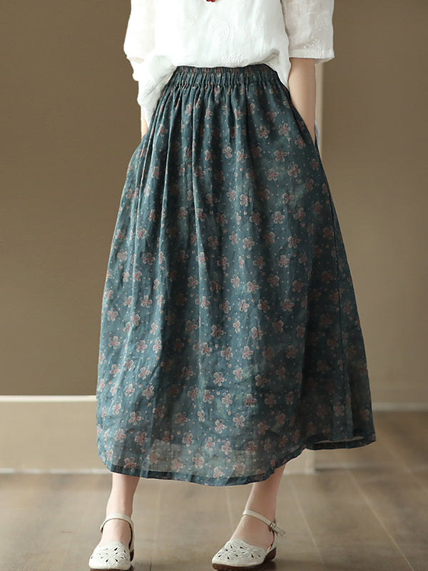 Drawstring Elasticity Floral Printed Loose Skirts