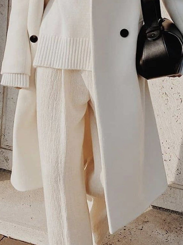 Long Sleeves Loose Buttoned Solid Color Notched Collar Windbreakers Woolen Coat