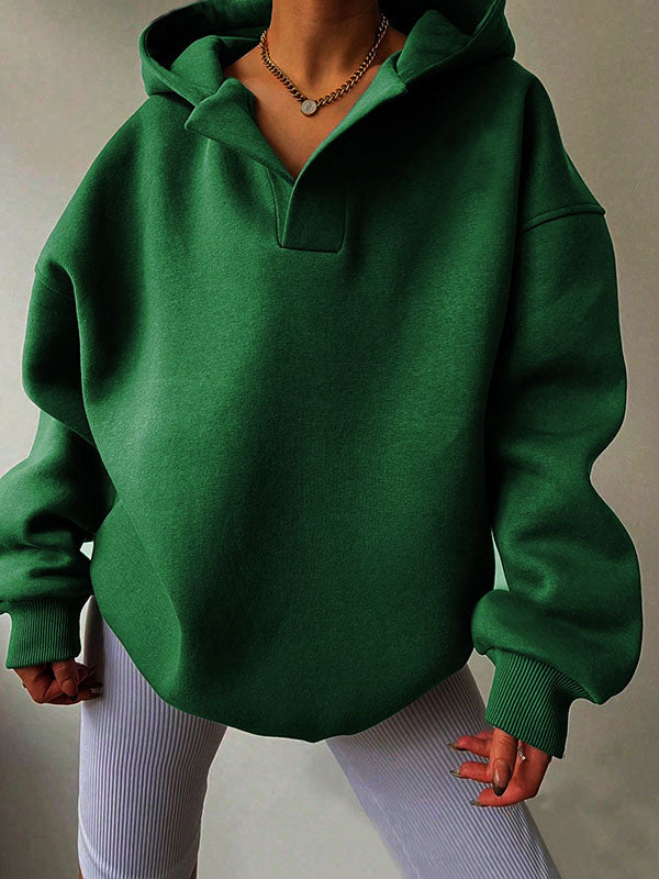 Solid Color Split-Joint Loose Puff Sleeves Hooded Hoodies Tops