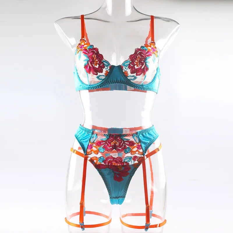 4 Piece Set Color Block Large Flower Embroidery Underwire Belt Leg Ring Thong