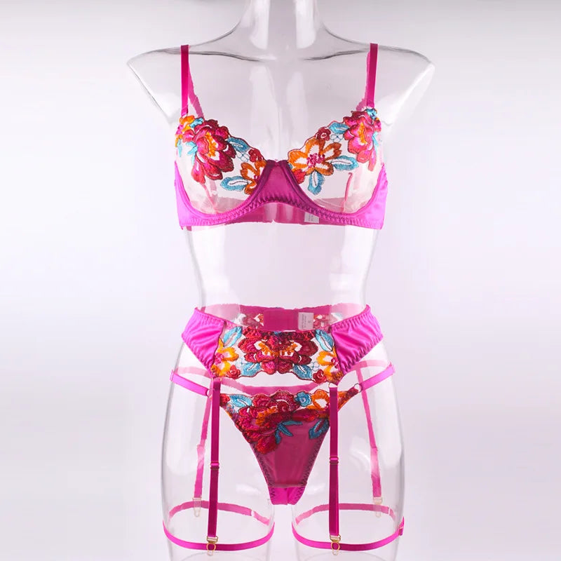 4 Piece Set Color Block Large Flower Embroidery Underwire Belt Leg Ring Thong
