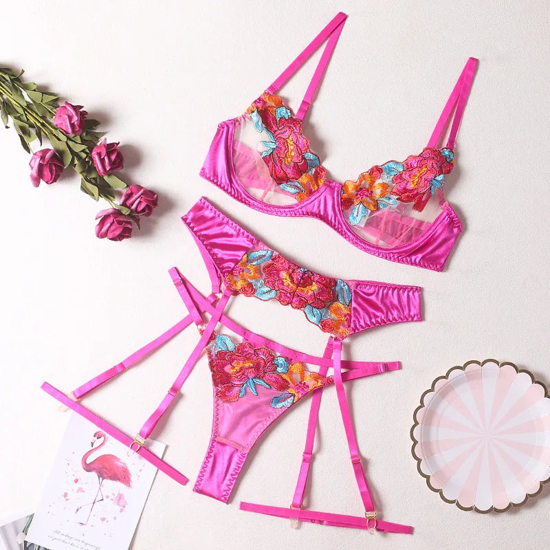4 Piece Set Color Block Large Flower Embroidery Underwire Belt Leg Ring Thong