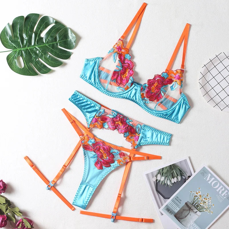 4 Piece Set Color Block Large Flower Embroidery Underwire Belt Leg Ring Thong