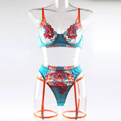 4 Piece Set Color Block Large Flower Embroidery Underwire Belt Leg Ring Thong