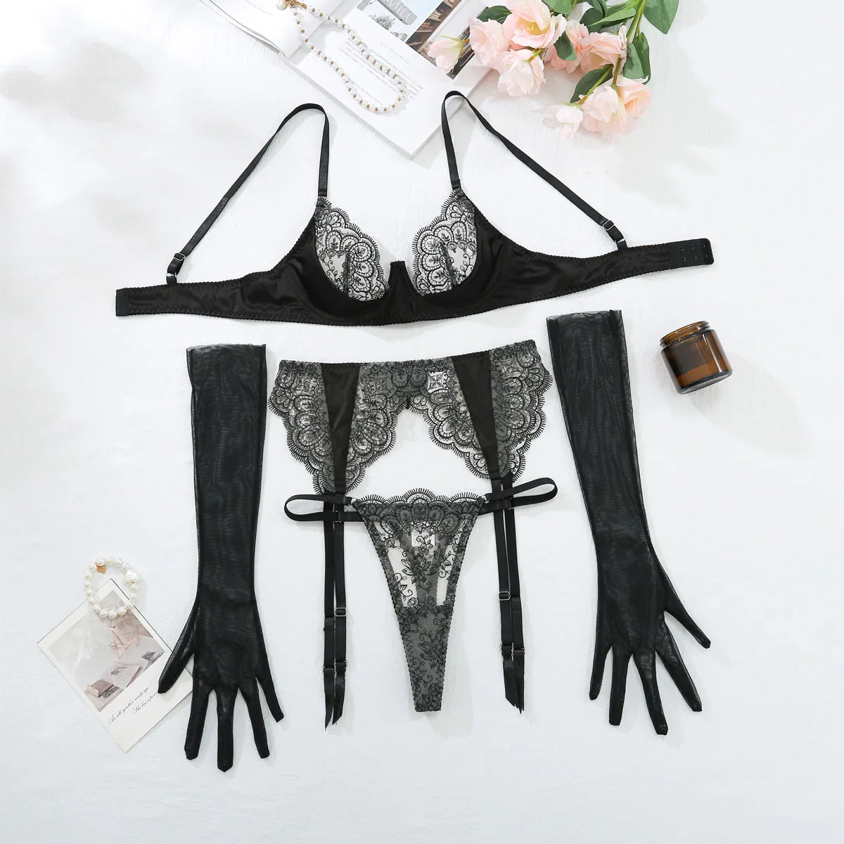 4 Piece Set Embroidered Lace Stitching Perspective Back Latex Catsuit