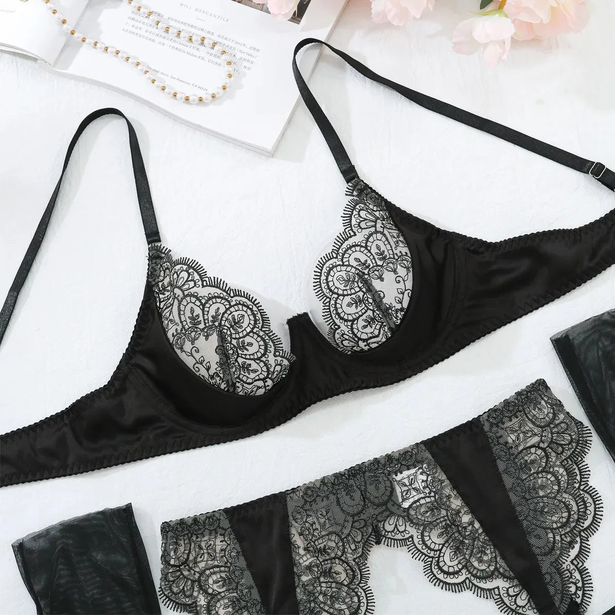 4 Piece Set Embroidered Lace Stitching Perspective Back Latex Catsuit