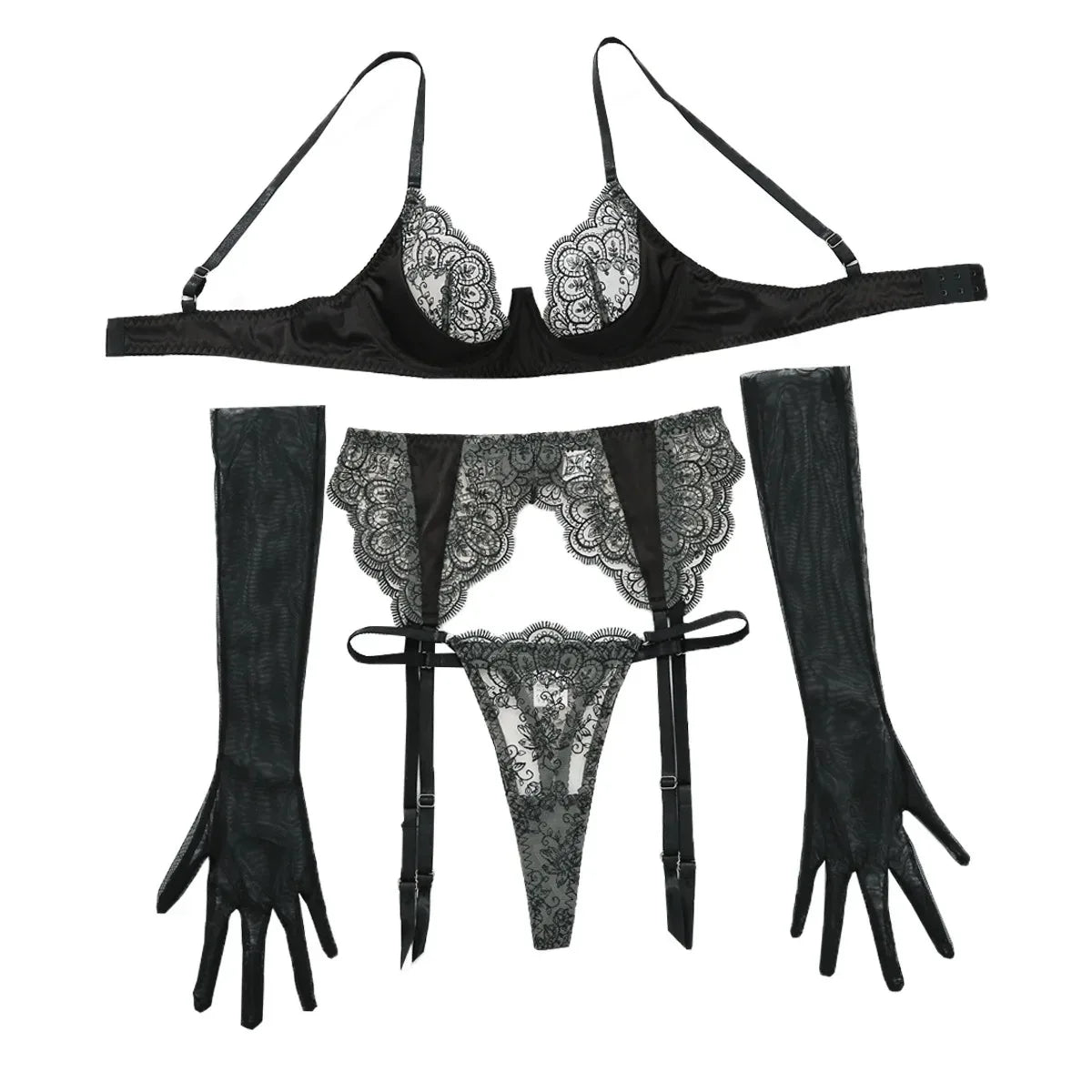 4 Piece Set Embroidered Lace Stitching Perspective Back Latex Catsuit