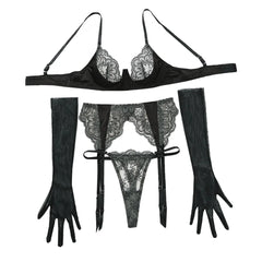 4 Piece Set Embroidered Lace Stitching Perspective Back Latex Catsuit