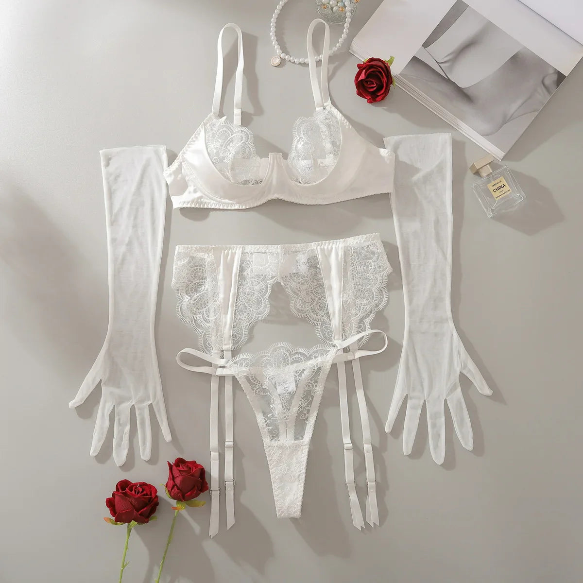 4 Piece Set Embroidered Lace Stitching Perspective Back Latex Catsuit