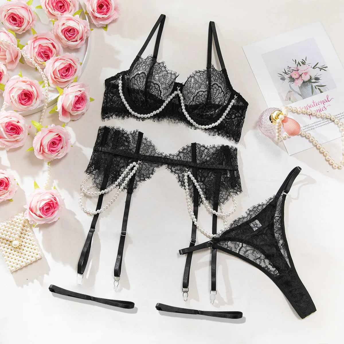 4 Piece Set French Lace Hollow Out See Through Boned Pearl Detachable