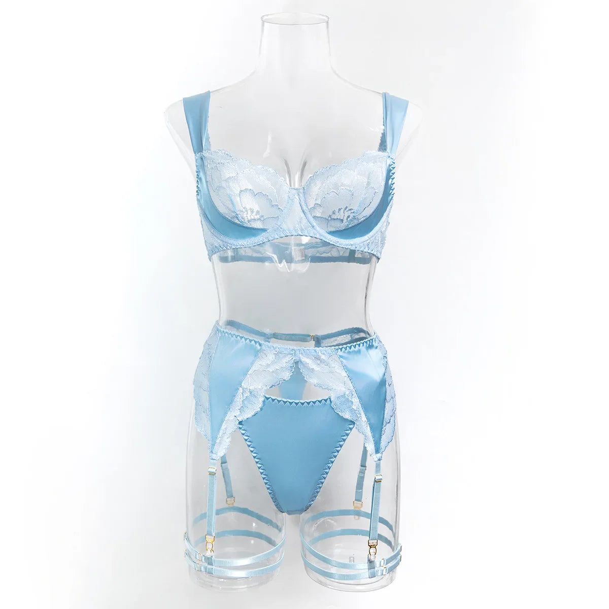 4 Piece Set French Lace Trim Splicing Thin Hollow Out Belt Bra