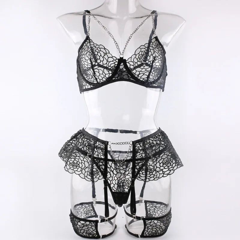 4 Piece Set Meshes Embroidered Small Skirt Hem Metal Chain Underwire Leg Ring