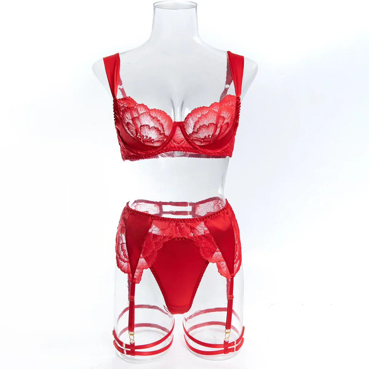 4 Piece Set Red Valentines Day Lace Trim Slim Fit Beautiful Back