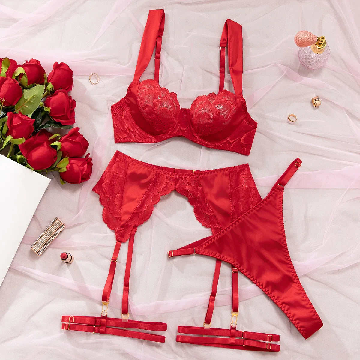 4 Piece Set Red Valentines Day Lace Trim Slim Fit Beautiful Back