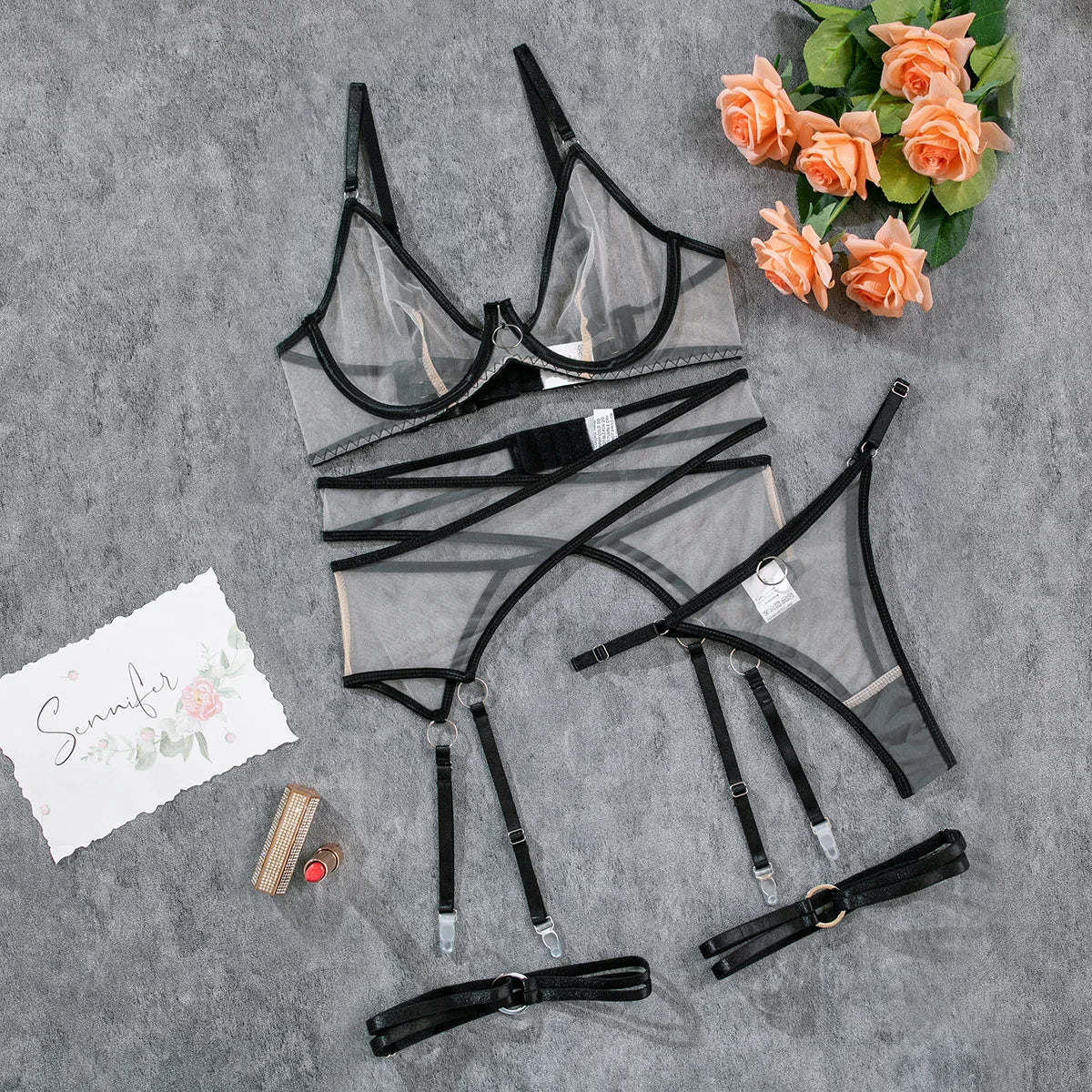 4 Piece Set See Through Contrast Color Binding Underwire Bra Thong