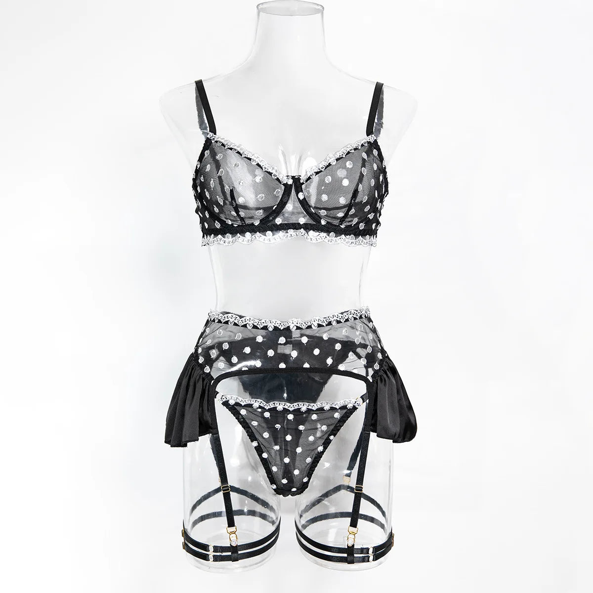 4 Piece Set Western Black Polka Dot Embroidered See Through Push Up Bra Belt