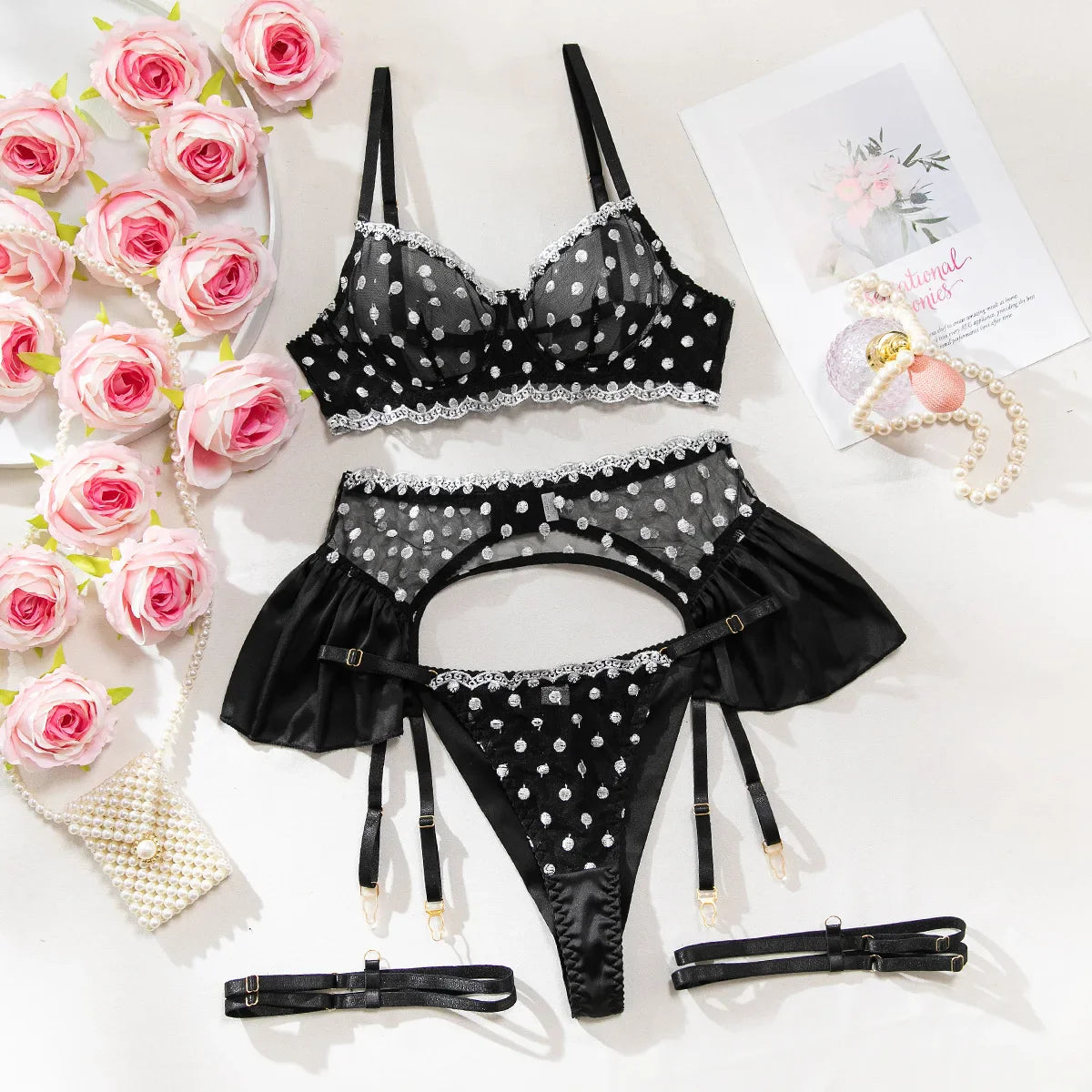 4 Piece Set Western Black Polka Dot Embroidered See Through Push Up Bra Belt
