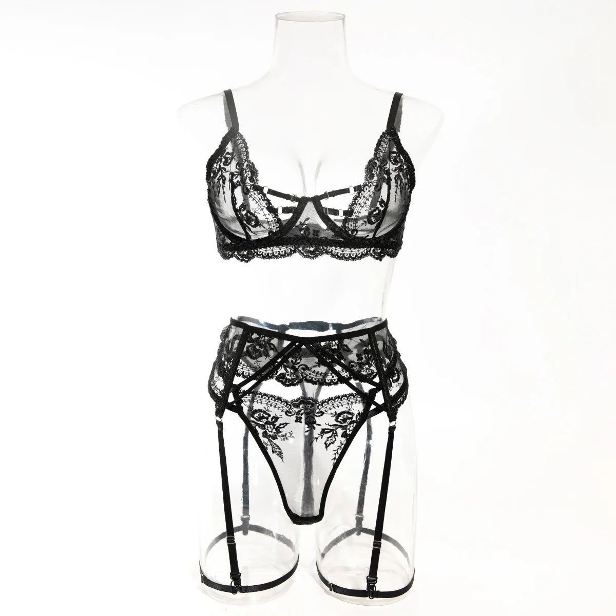 4 Piece Set Western Mesh See Through Embroidered Bra