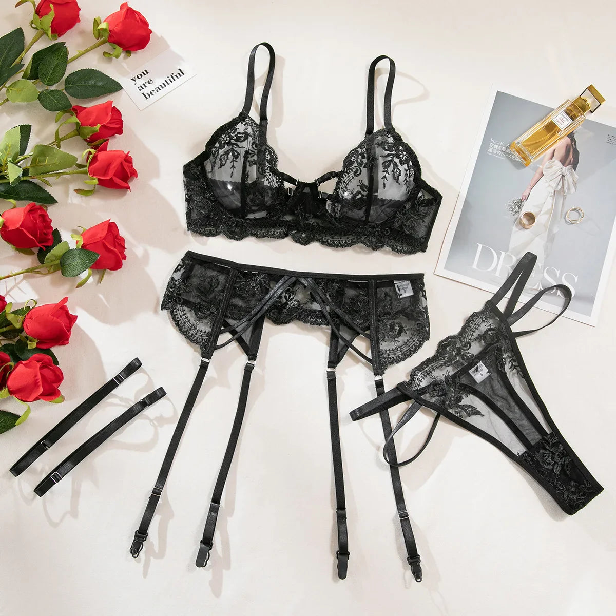 4 Piece Set Western Mesh See Through Embroidered Bra