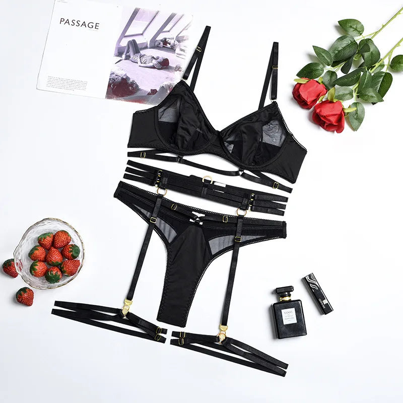 4 Piece Sets Erotic Western Style Push Up Hollow Out Mesh Sensual See Through Alluring Charming Premium Lingerie Set