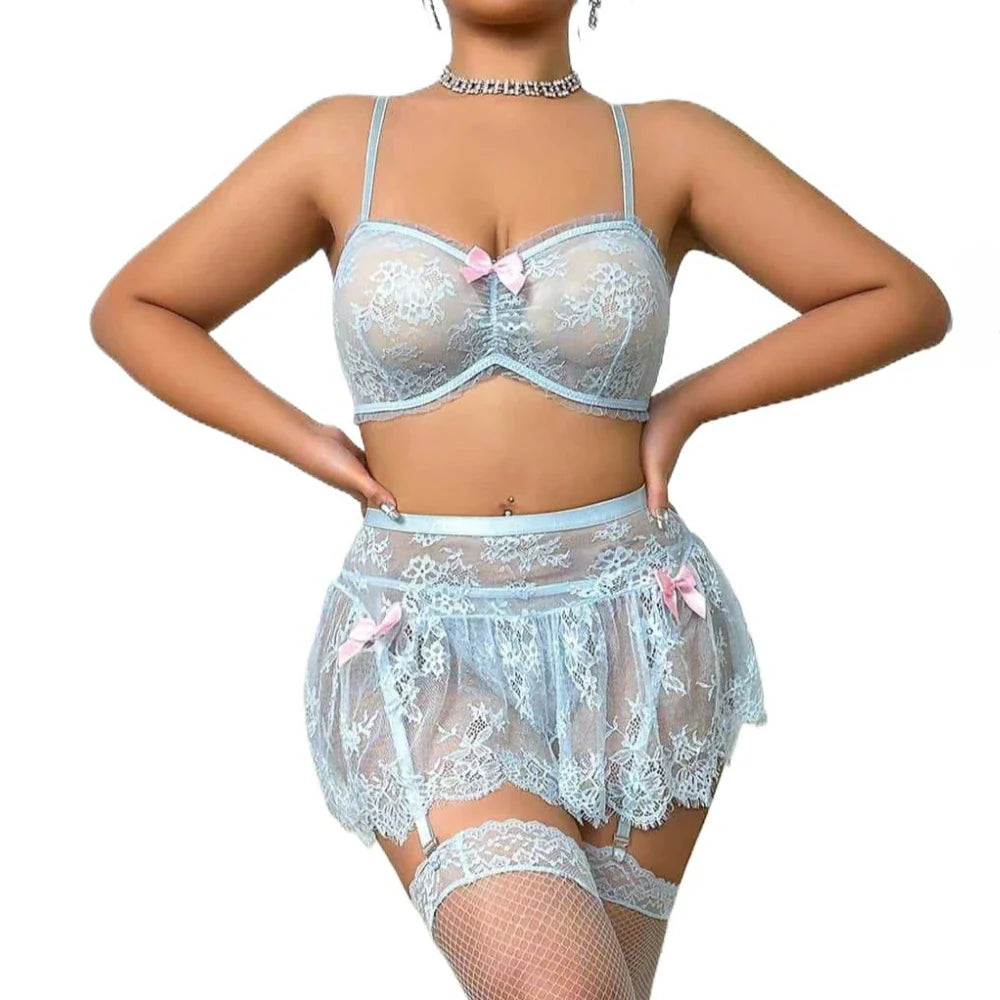 4 Piece Western Pink Thin Lace Wireless Soft Plus Size Underwear Bra Briefs With Stockings Lingerie Sets