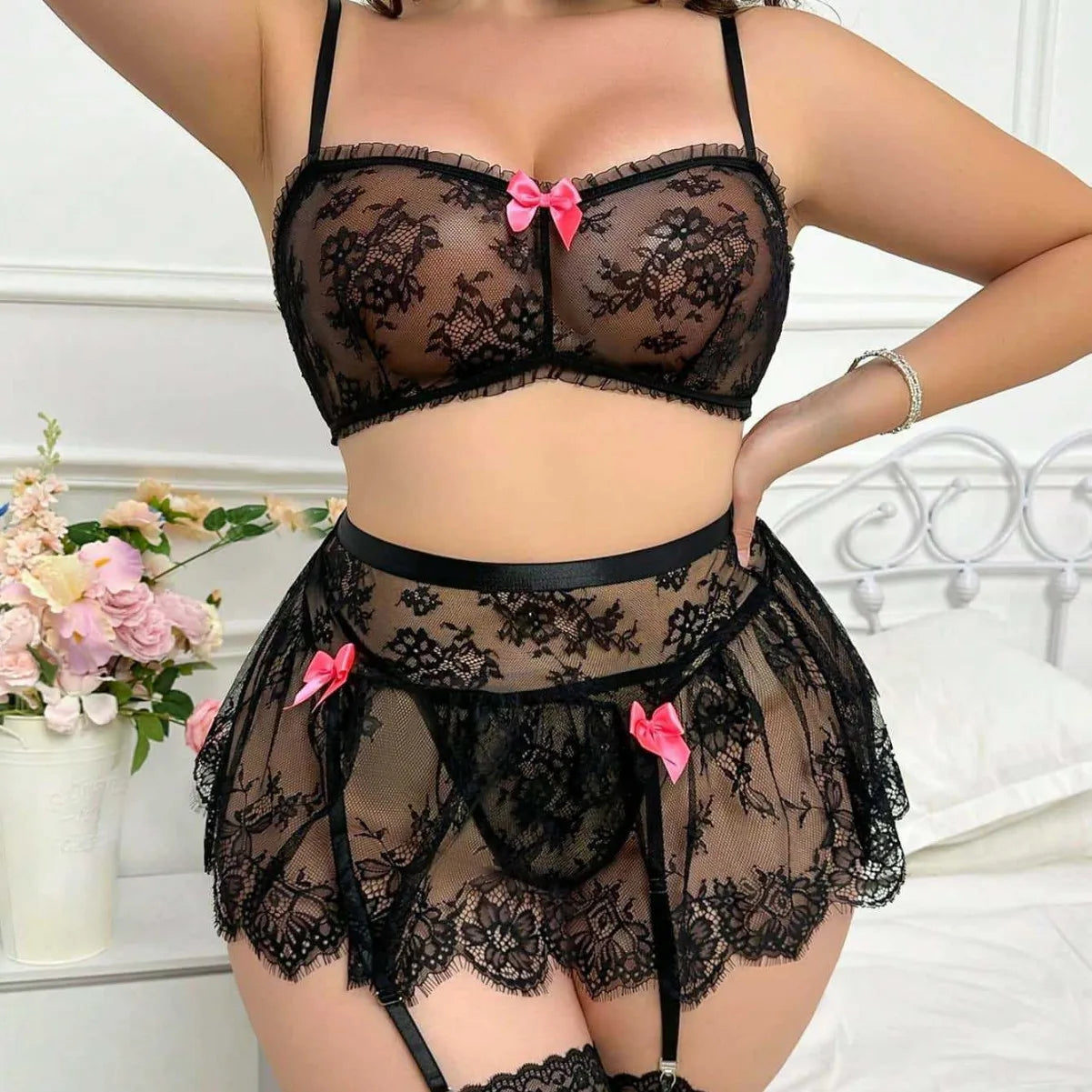 4 Piece Western Pink Thin Lace Wireless Soft Plus Size Underwear Bra Briefs With Stockings Lingerie Sets