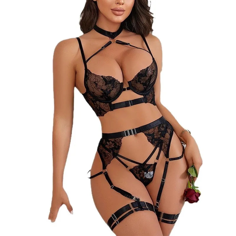 4 Pieces Frenchs Criss Cross Halter Embroidery Splicing Mesh Bra