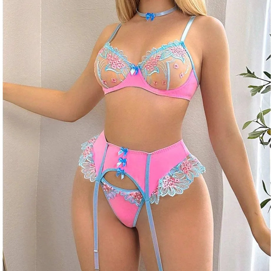 4 Pieces Embroidery Floral Underwire Bra