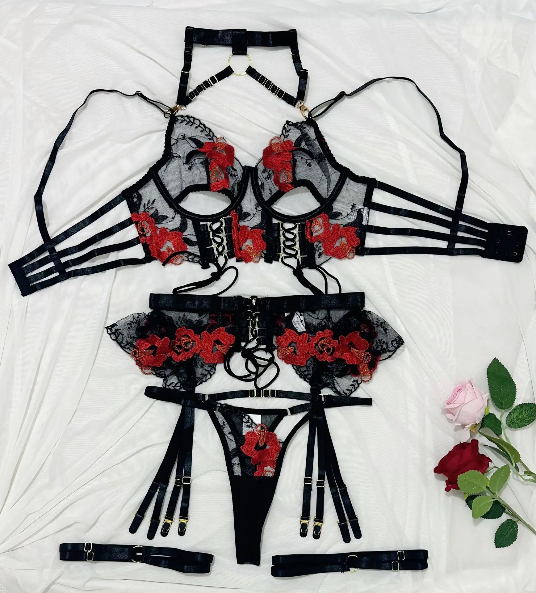 4 Pieces Embroidery Flower Halter Metal Buckle Criss Cross Hollow Out Bra