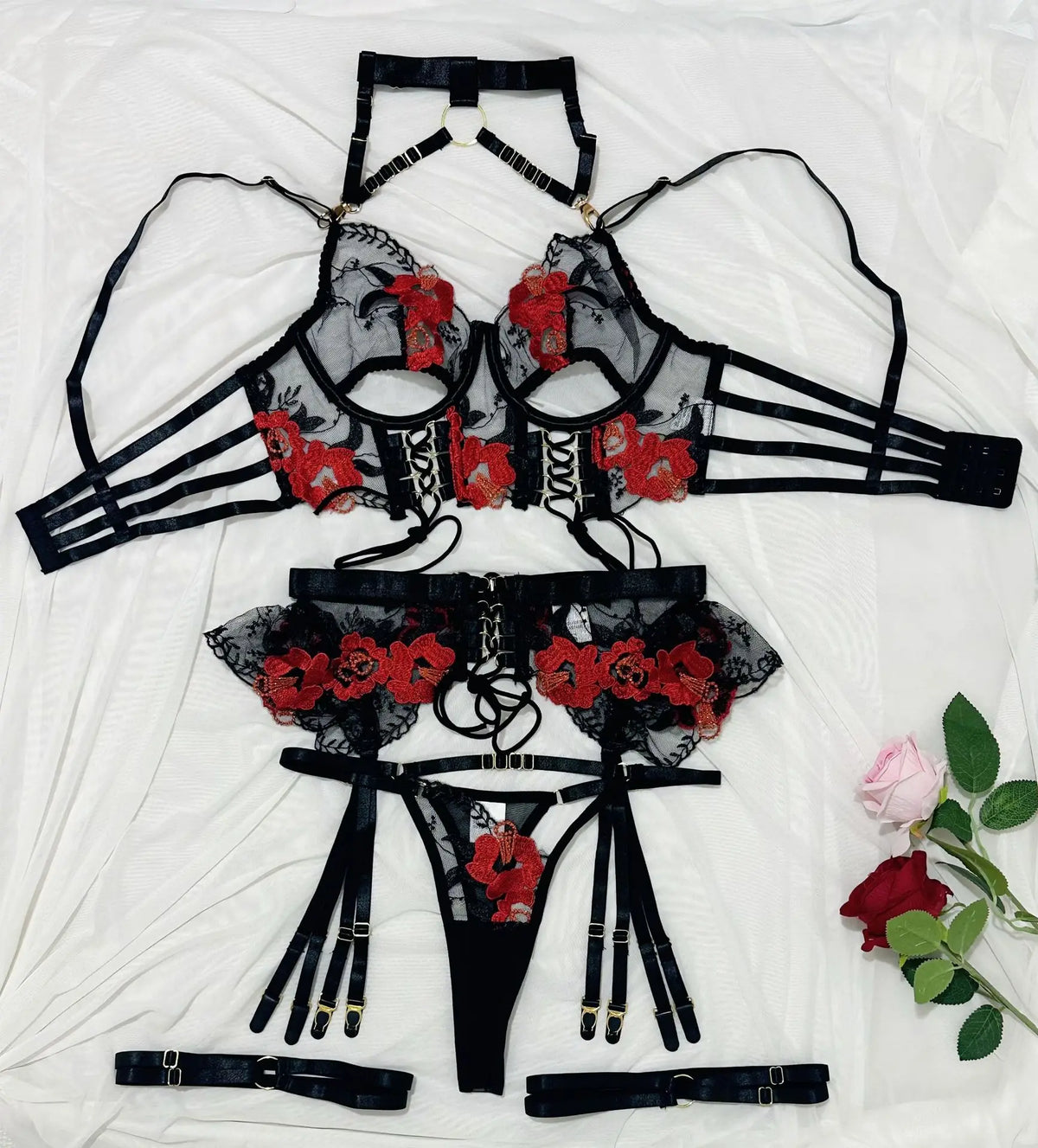 4 Pieces Embroidery Flower Halter Metal Buckle Criss Cross Hollow Out Bra