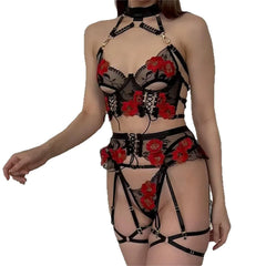 4 Pieces Embroidery Flower Halter Metal Buckle Criss Cross Hollow Out Bra