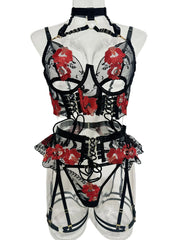 4 Pieces Embroidery Flower Halter Metal Buckle Criss Cross Hollow Out Bra