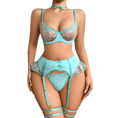 4 Pieces Patchwork Flower Embroidery Bra Belt Leg Ring Thong Blue Sweet Soft Lovely Lingerie Set