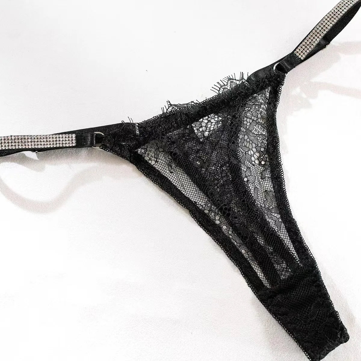 4 Pieces Western Lace Trim Fix Rhinestone See Through Belt Thong Bra