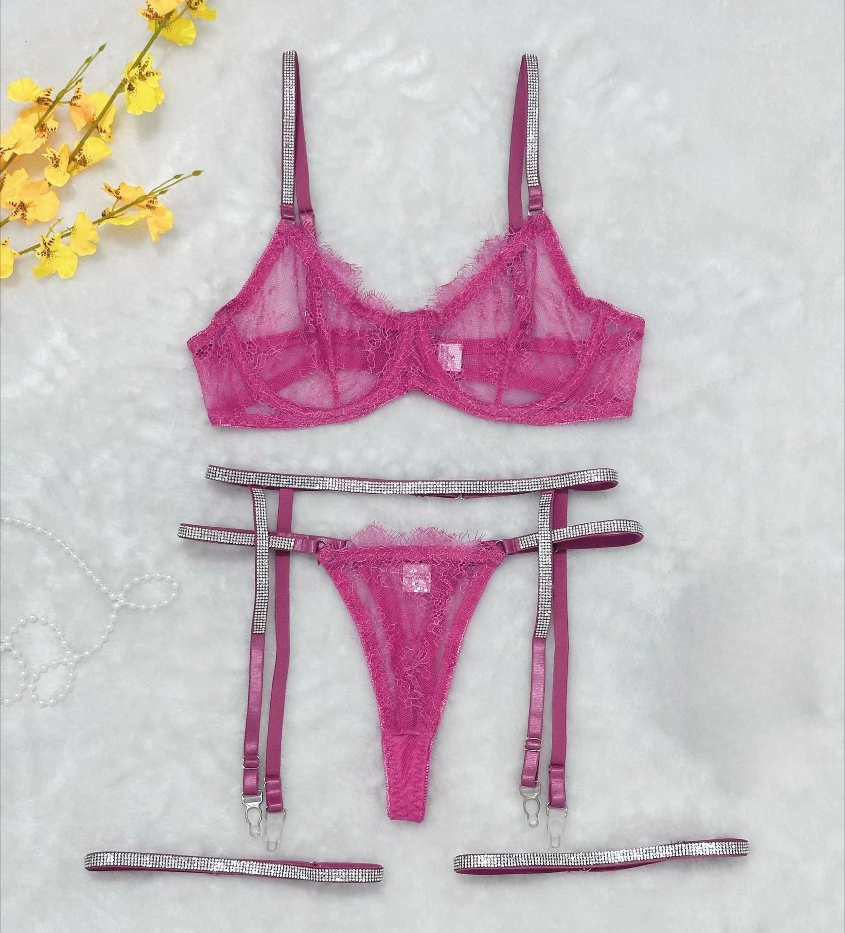 4 Pieces Western Lace Trim Fix Rhinestone See Through Belt Thong Bra