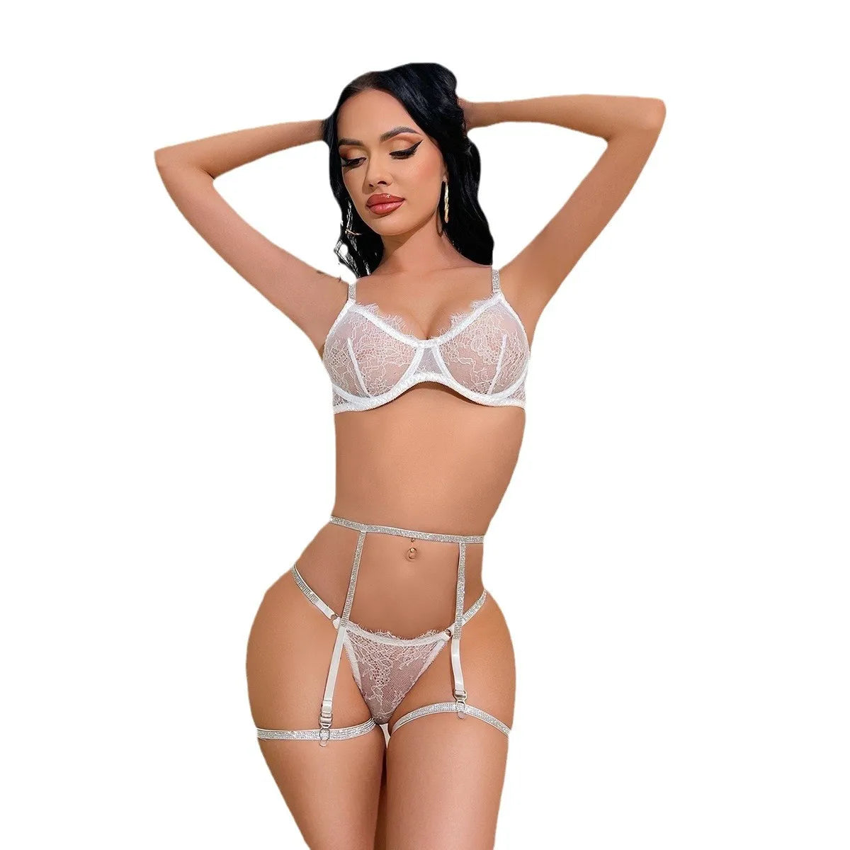 4 Pieces Western Lace Trim Fix Rhinestone See Through Belt Thong Bra