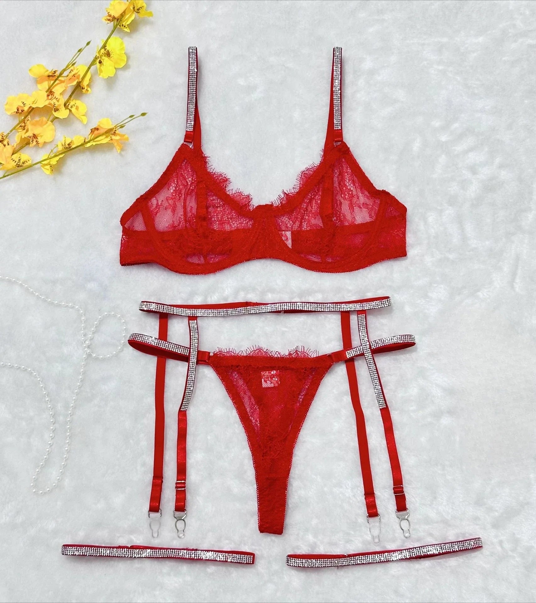 4 Pieces Western Lace Trim Fix Rhinestone See Through Belt Thong Bra