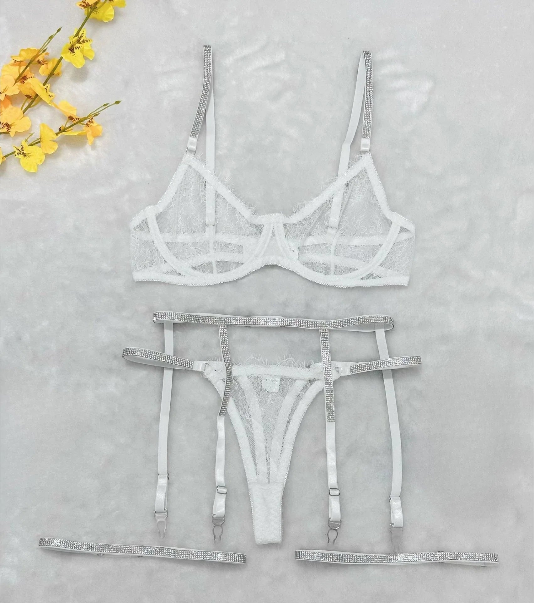 4 Pieces Western Lace Trim Fix Rhinestone See Through Belt Thong Bra