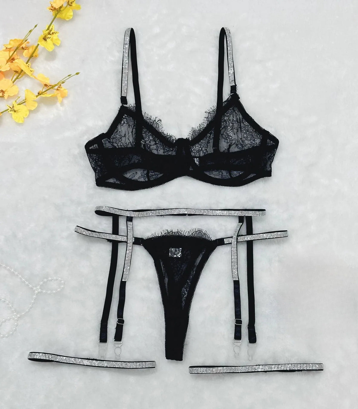 4 Pieces Western Lace Trim Fix Rhinestone See Through Belt Thong Bra